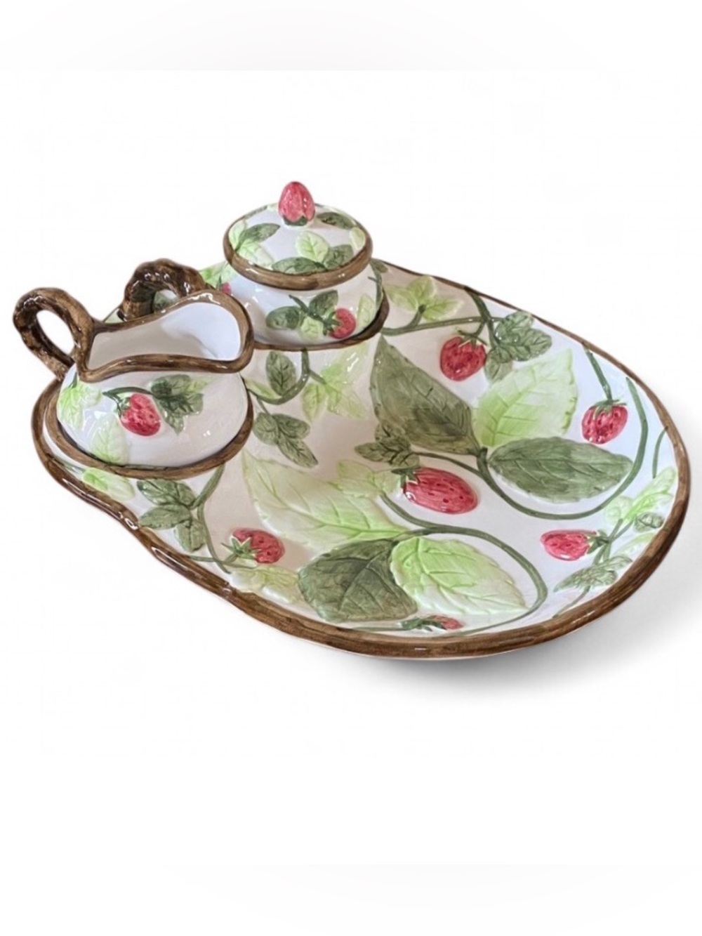 Tuscany Strawberry Ceramic Serving Tray Sugar Creamer Set Coffee Tea Server